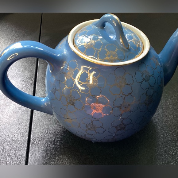 Hall Teapot French Flower Cadet Blue Periwinkle Gold Trim Vintage 1950s - Picture 7 of 14